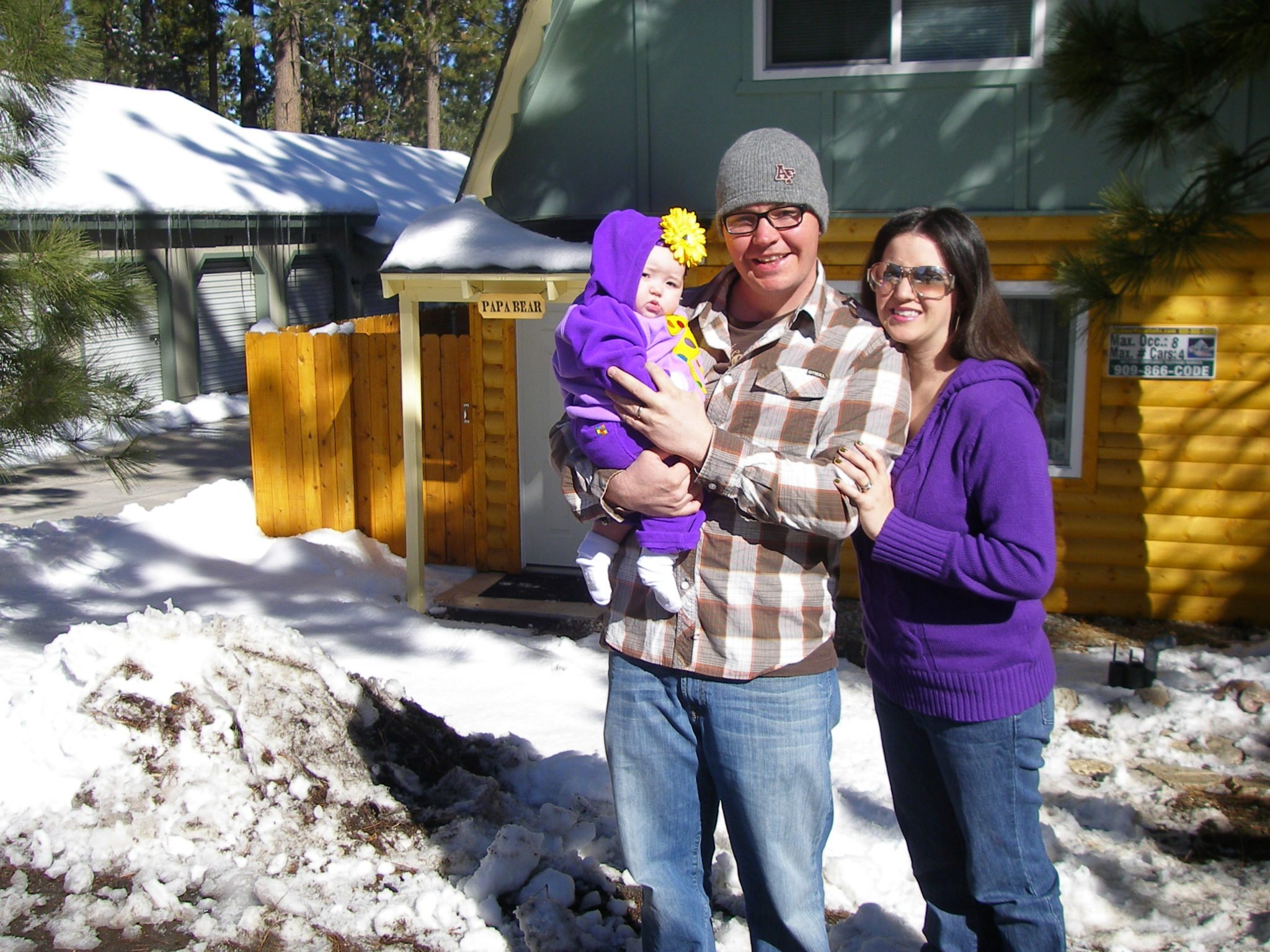 Big Bear cabin with baby in snow