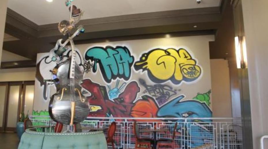 Graffiti art in lobby of Hampton Inn Suites Austin