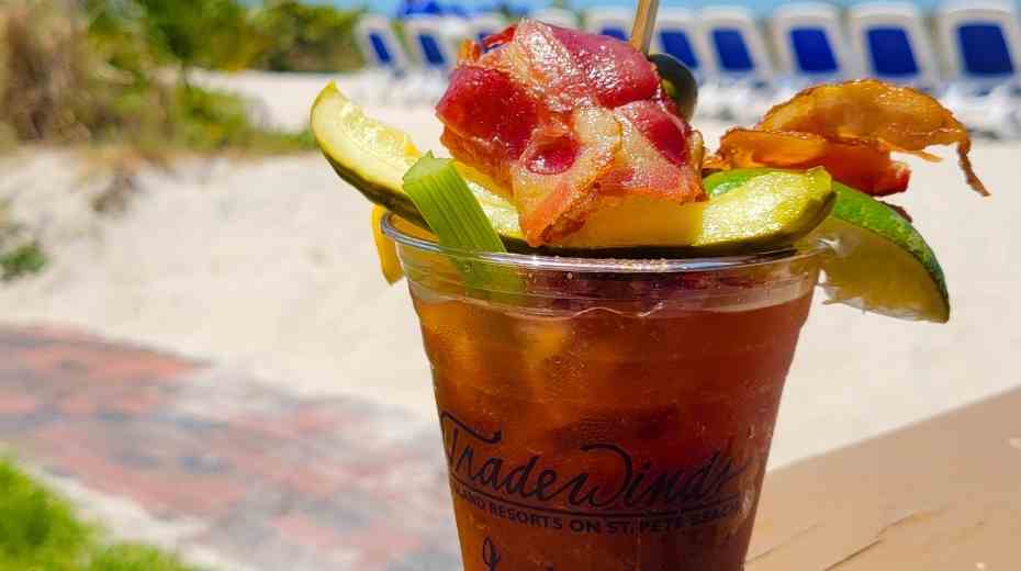 bloody marys on the beach at Flying Bridge TradeWinds Island Grand